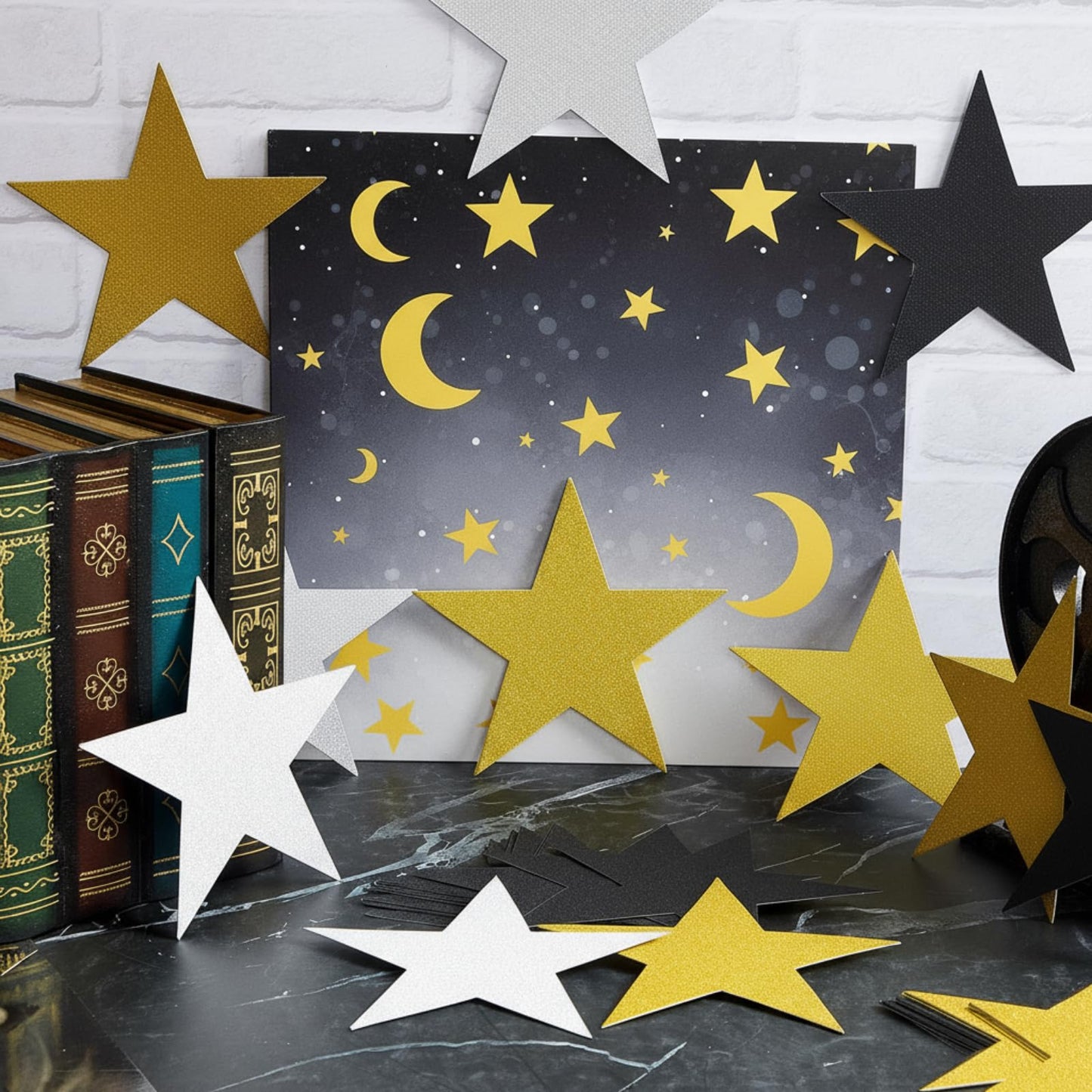 Gejoy 80 Pieces Glitter Stars Cutouts Gold Stars Decoration Double Printed Paper Star for Movie Night Bulletin Board Decoration Classroom Wall Graduation Party Decorations 6 Inches Gold, Silver, Black