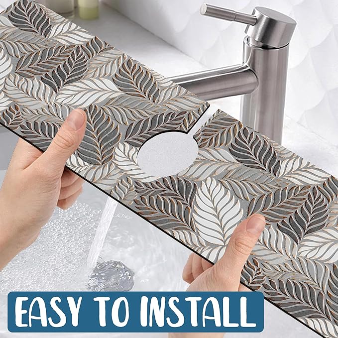 Embossed Leaf Texture Sink Faucet Absorbing Mat Grey Leaf Super Absorbent Fast
