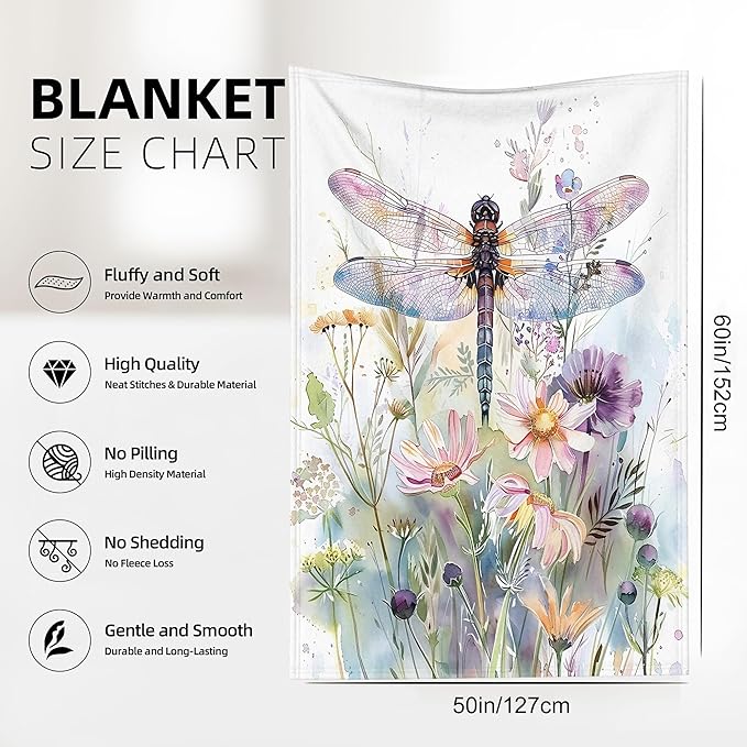 Throw Blanket, Boho Watercolor Dragonfly Throw Blankets for Adult Kids Boys Girls, Wildflowers Decor Gifts for Home Bed Couch 50x60 Inches