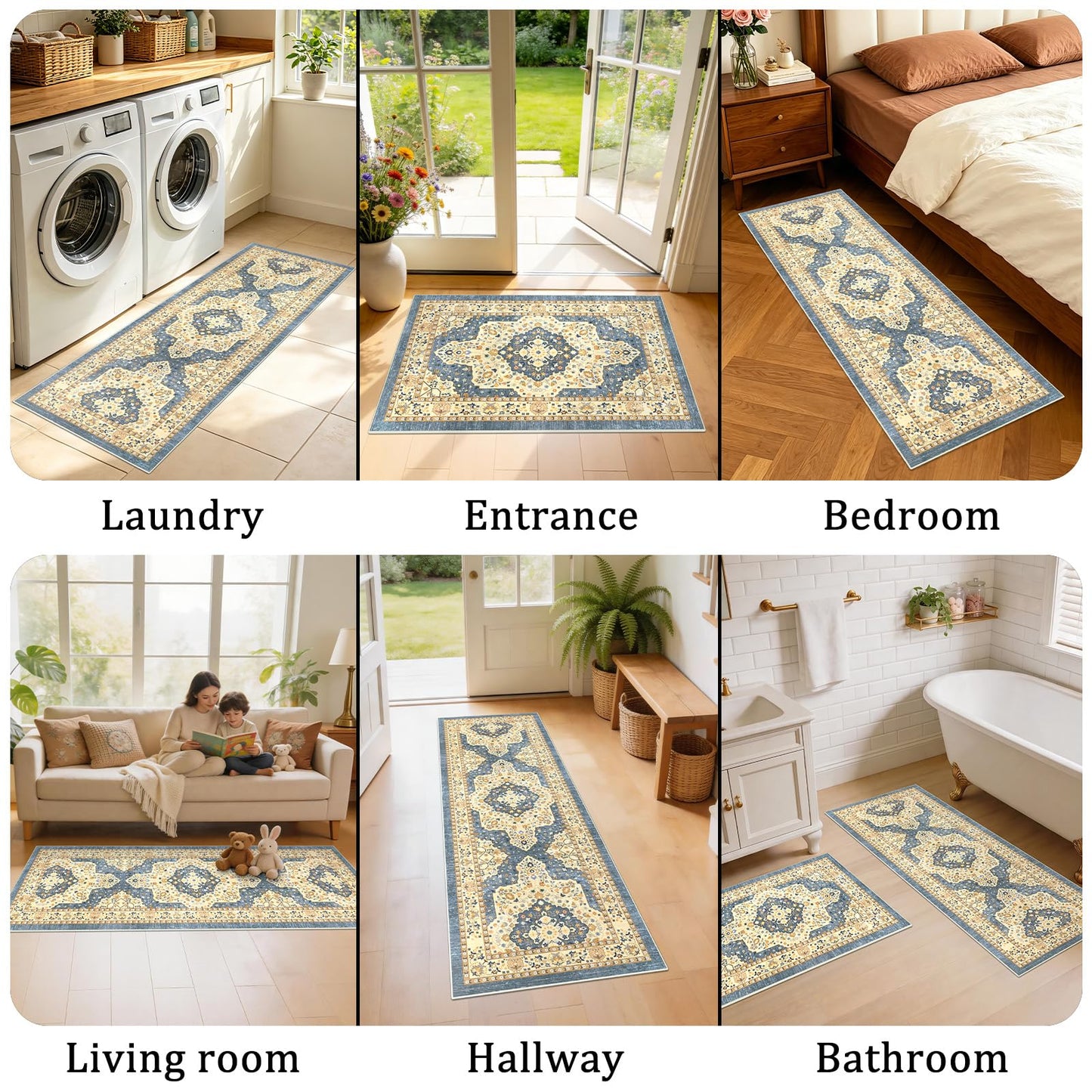 TUKDAK Boho Non-Slip Washable Kitchen Rug Set of 3, Soft Thick Stain Resistant Kitchen Floor Mats, Yellow & Blue Farmhouse Decor Rugs for Sink Front, Hallway, Bathroom, Entryway, Laundry Room