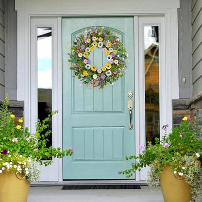 Spring Wreath 22 Inch Artificial Summer Wreath with Yellow Daisy Flowers Green Eucalyptus Leaves Lavender Spring Wreaths for Front Door Home Farmhouse Porch Wall Easter Festival