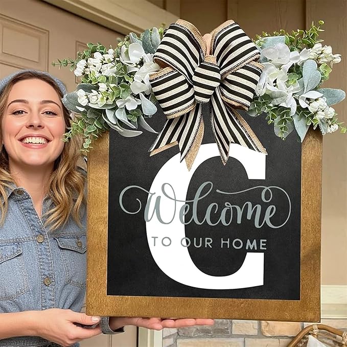 16'' Personalized Last Name Welcome Sign, Door Wreaths for Front Door Outside, Spring Wreath for Front Door Decor, Farmhouse New Home Gifts for Home (C)