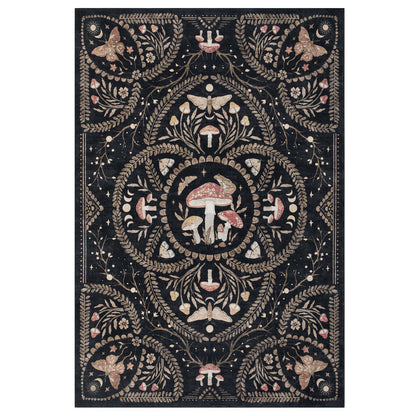 Garvee Mushroom 5x7 Area Rugs for Living Room, Dark Academia Gothic Rug, Non Slip Animal Print Washable Rugs 5x7 Low Pile Bedroom Decor Bug Carpet with Rubber for Playroom Dining Room Office, Black