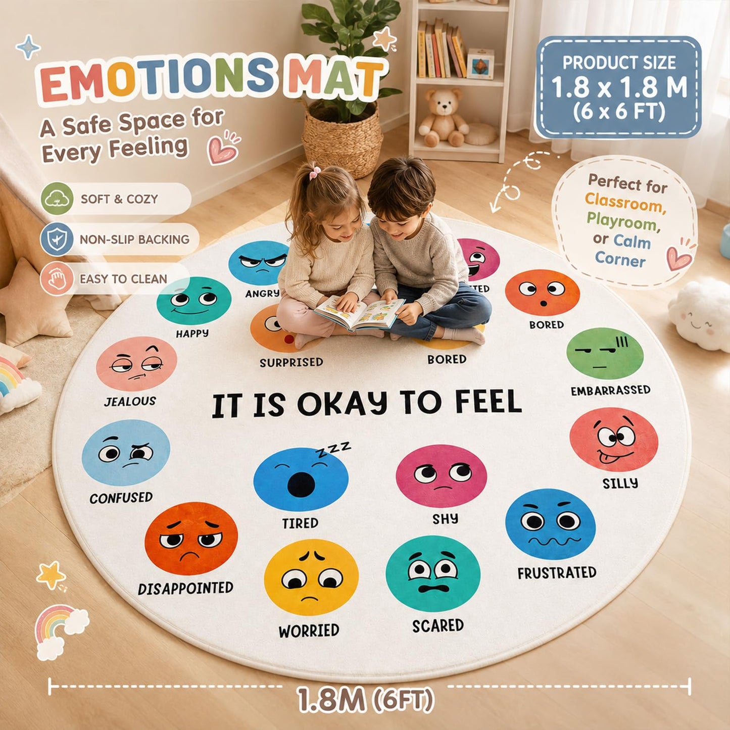 Breling 6 ft Round Calming Corner Rug for Classroom, Feelings Chart Emotion Mat, SEL Circle Time Rug for Kids, Soft Washable Non Slip Sensory Mat Reading Nook Preschool Homeschool Playroom
