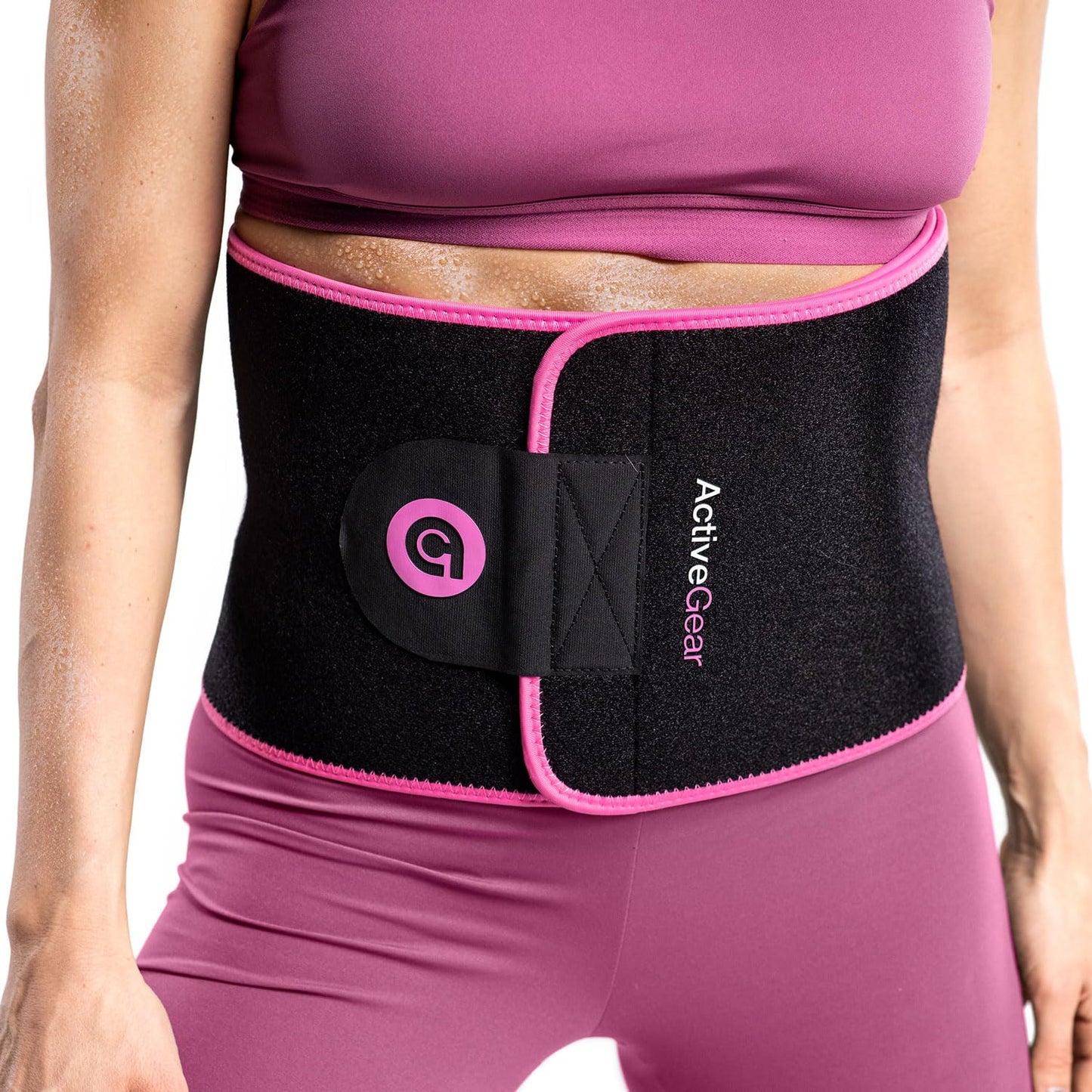 ActiveGear Waist Trainer for Women & Men - Sweat Band Waist Trimmer Belt for a Toned Look - Reinforced Trim and Extra Secure Fastening (Pink Hem, Medium: 8” x 42”)