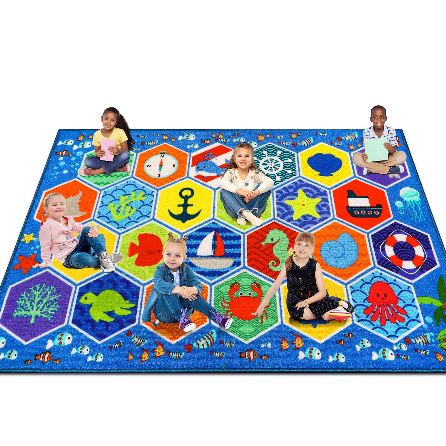 Mfmiudole Extra Large Ocean Classroom Rug with 24 Hexagon Seats, 13.3'×7.7' Educational Preschool Carpet for Circle Time, Kindergarten, Daycare and Early Learning, Non-Slip Kids Classroom Rug