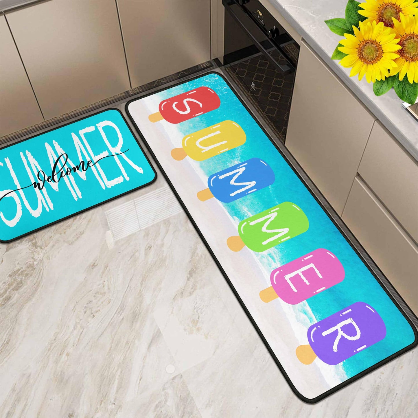 Lumiprinta Summer Blue Kitchen Rugs and Mats Set of 2, Seasonal Microfiber Washable Non-Slip Floor Mats for Home Kitchen Decor 17"x47"+17"x30"