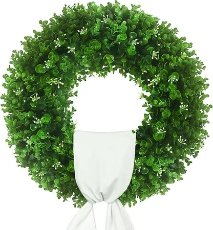 Boxwood Wreaths Front Door 22-24'', Artificial UV Resistant Boxwood Leaves with Flower Core, Greenery Wreath with a Sash for Farmhouse Home Outdoor Indoor Year Round Hanging Decor (Foldable)
