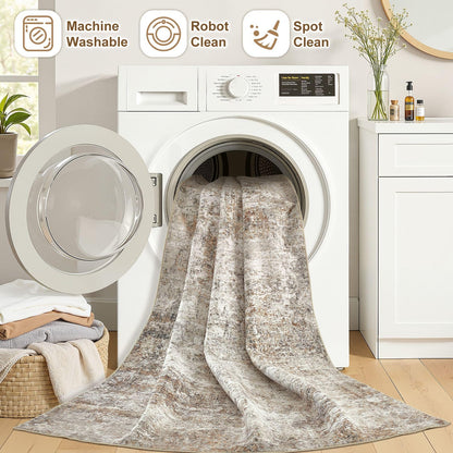 10x14 Area Rugs for Living Room: Washable Large Neutral Abstract Rug Soft Non Slip Stain Resistant Low Pile Indoor Carpet for Bedroom Dining Room Nursery Office Playroom - Brown Grey
