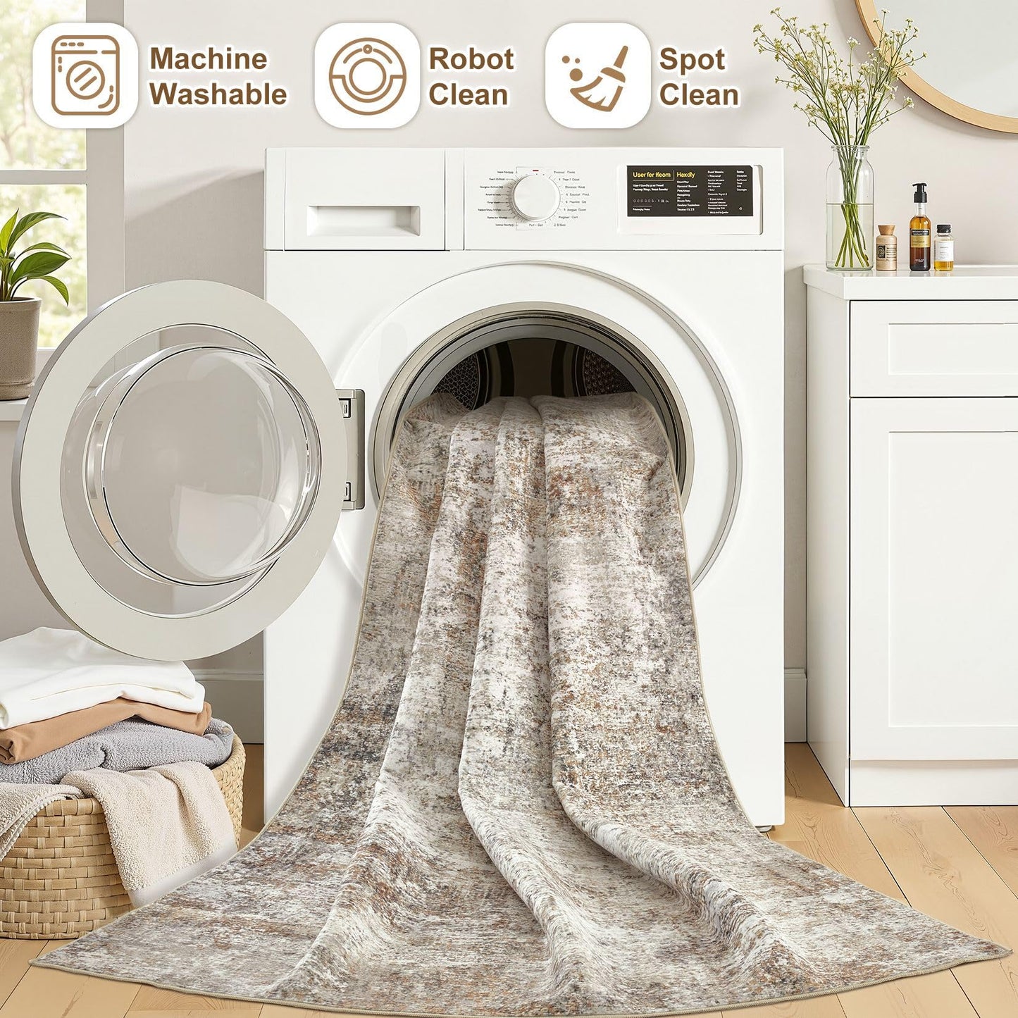 9x12 Area Rugs for Living Room: Washable Large Neutral Abstract Rug Soft Non Slip Stain Resistant Low Pile Indoor Carpet for Bedroom Dining Room Nursery Office Playroom - Brown Grey