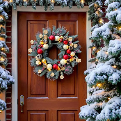 YULETIME 20-inch Christmas Wreath, Battery Operated Holiday Wreath with 20 Fairy Lights, Red & Gold Baubles, Frosty Red Berries, Pine Cones, Golden Leaves, Frosted Spruce Branches & Pine Needles