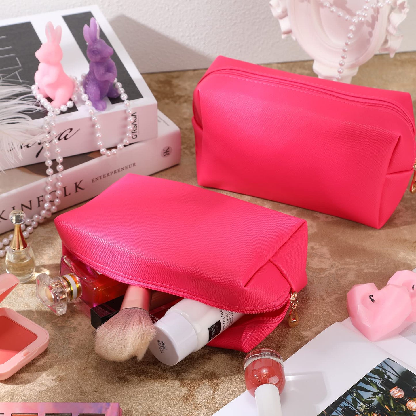 Gerrii 6 Pcs Preppy Patch Makeup Bag PU Leather Cosmetic Pouch Waterproof Cosmetic Pouch with Zipper Portable Travel Toiletry Organizer Bag Makeup Case Gift for Women Friends(Rose Red)