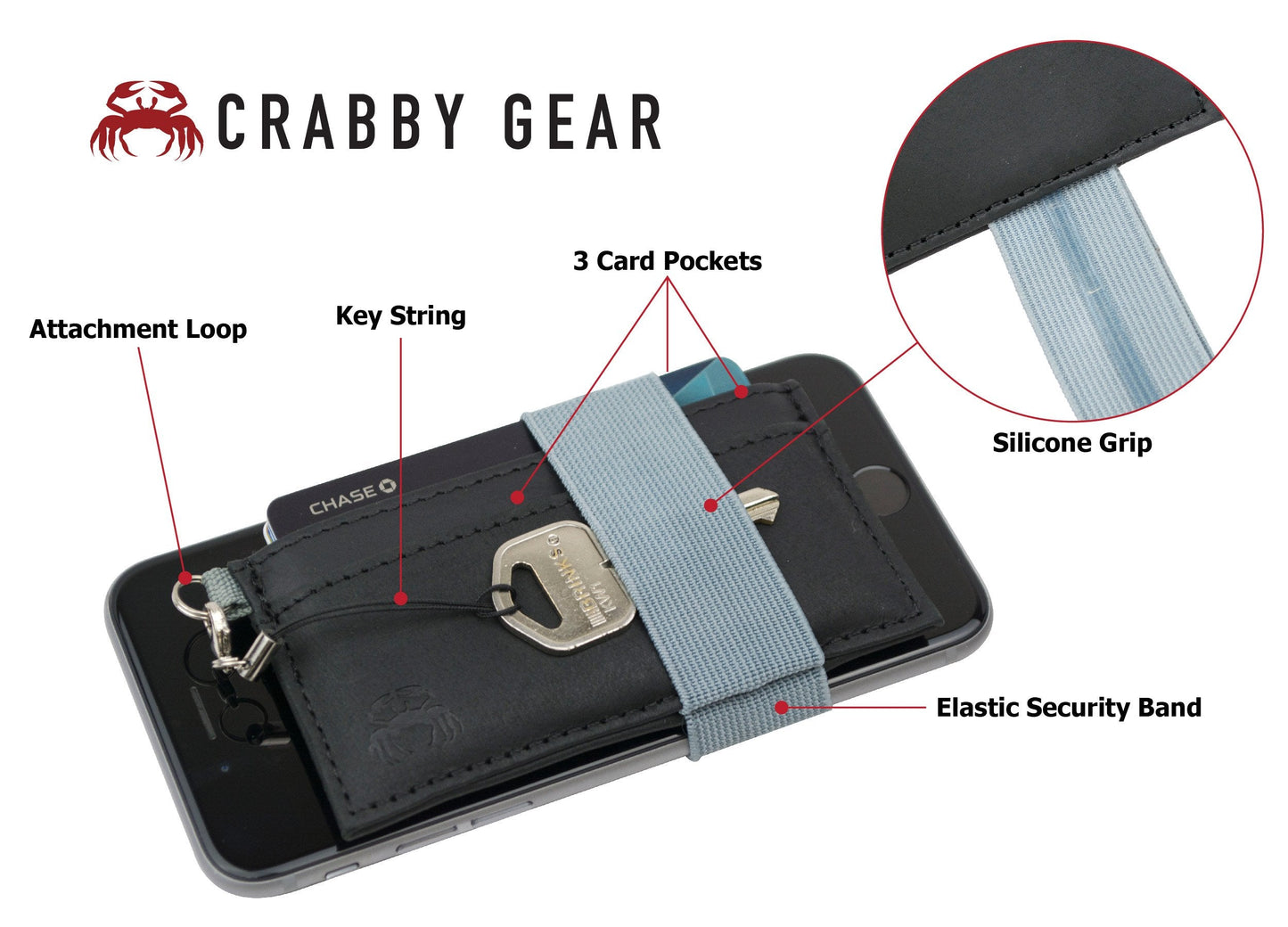 Crabby Gear - Front Pocket Wallet - Minimalist Wallet - Mammoth Black - Leather - Carry Cards, Cash, Phone, Keys - Lobster Claw Keychain Included- Ultra Thin 4"x2"