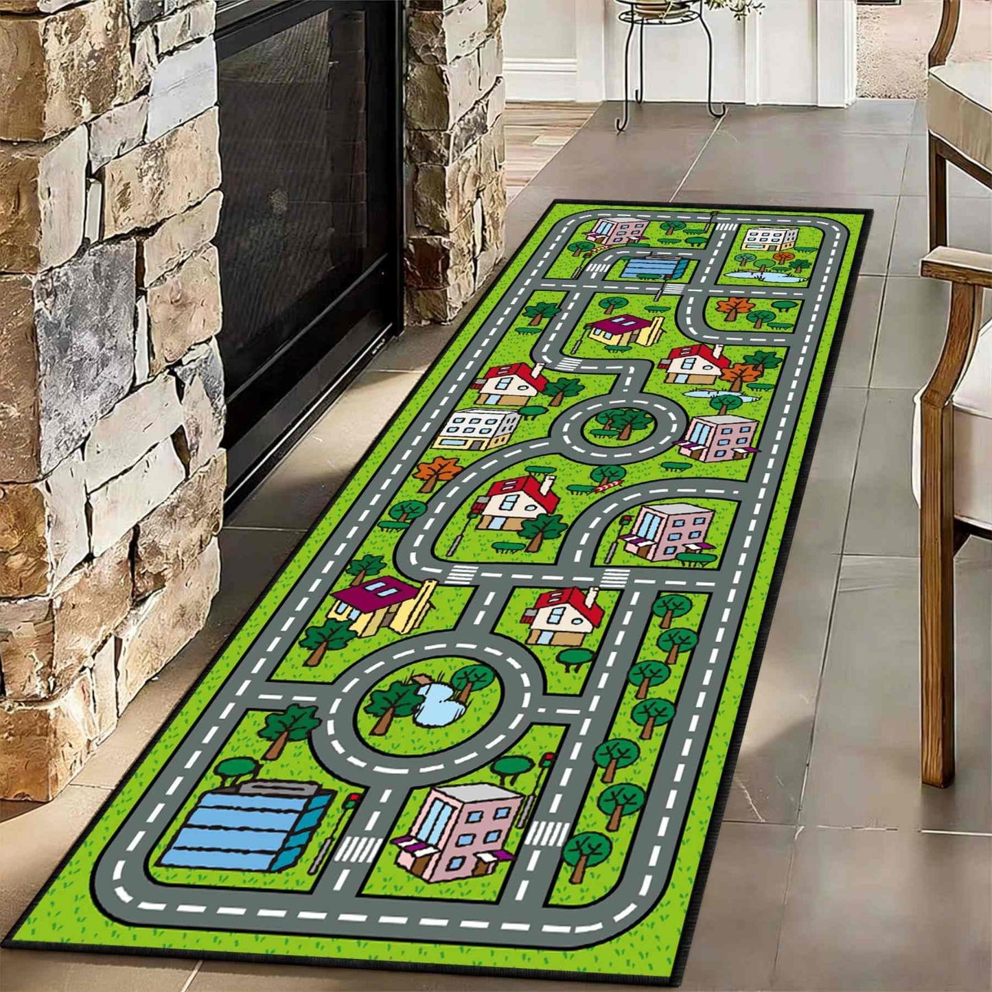 CRJMKS Kids Car Play Road Map Rug,3.3x10ft,City Life Area Rug Runner for Boys Playroom, Cartoon Educational Traffic Transport Street Map Carpet Non-Slip Washable Floor Mat for Classroom