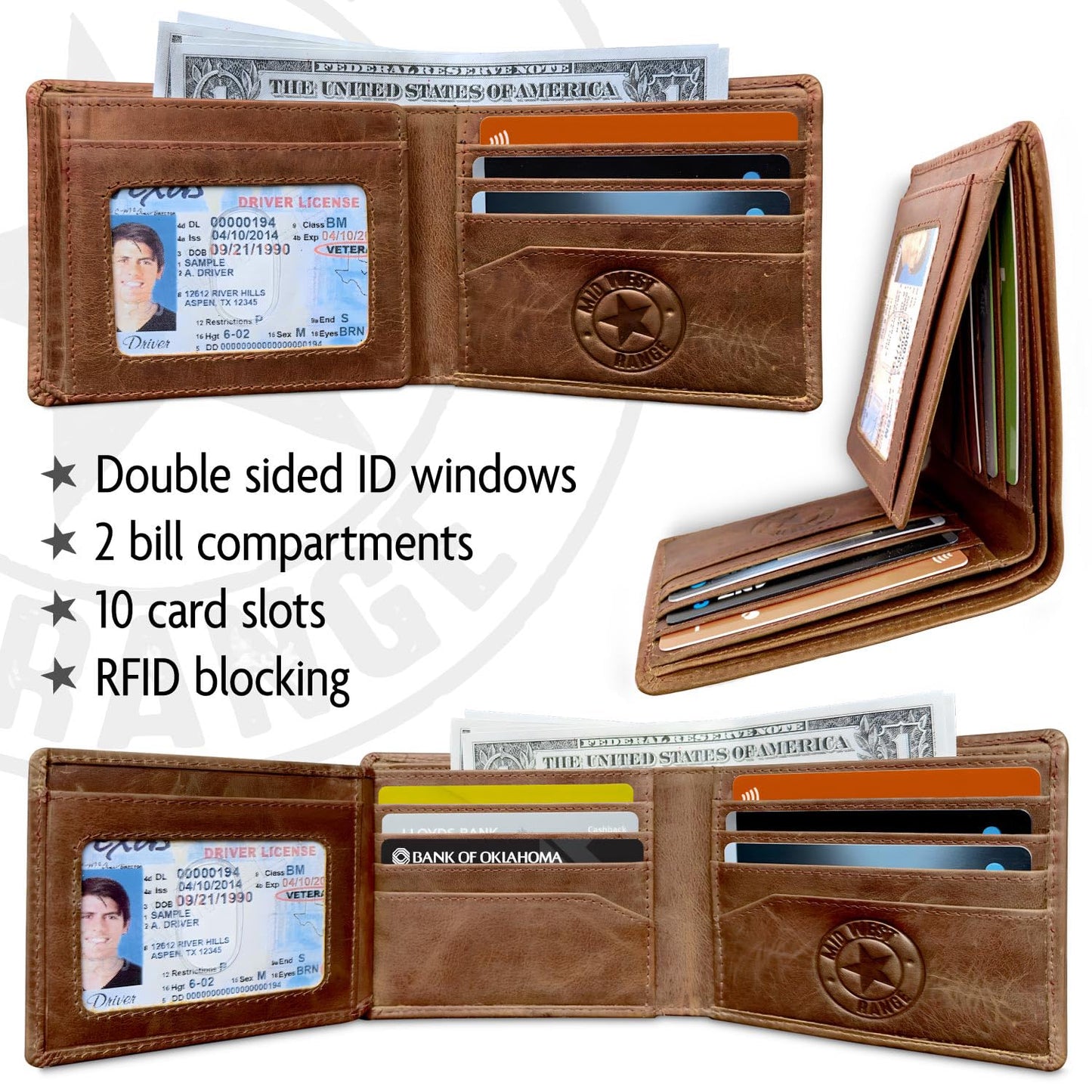 MID WEST RANGE Father's Day Wallet - Patriotic Biker Bifold Wallet with Chain for Men – Distressed Brown Leather, RFID-Blocking w. 10 Card Slots, Flip-Out ID Holder, American Flag & Motorcycle Design
