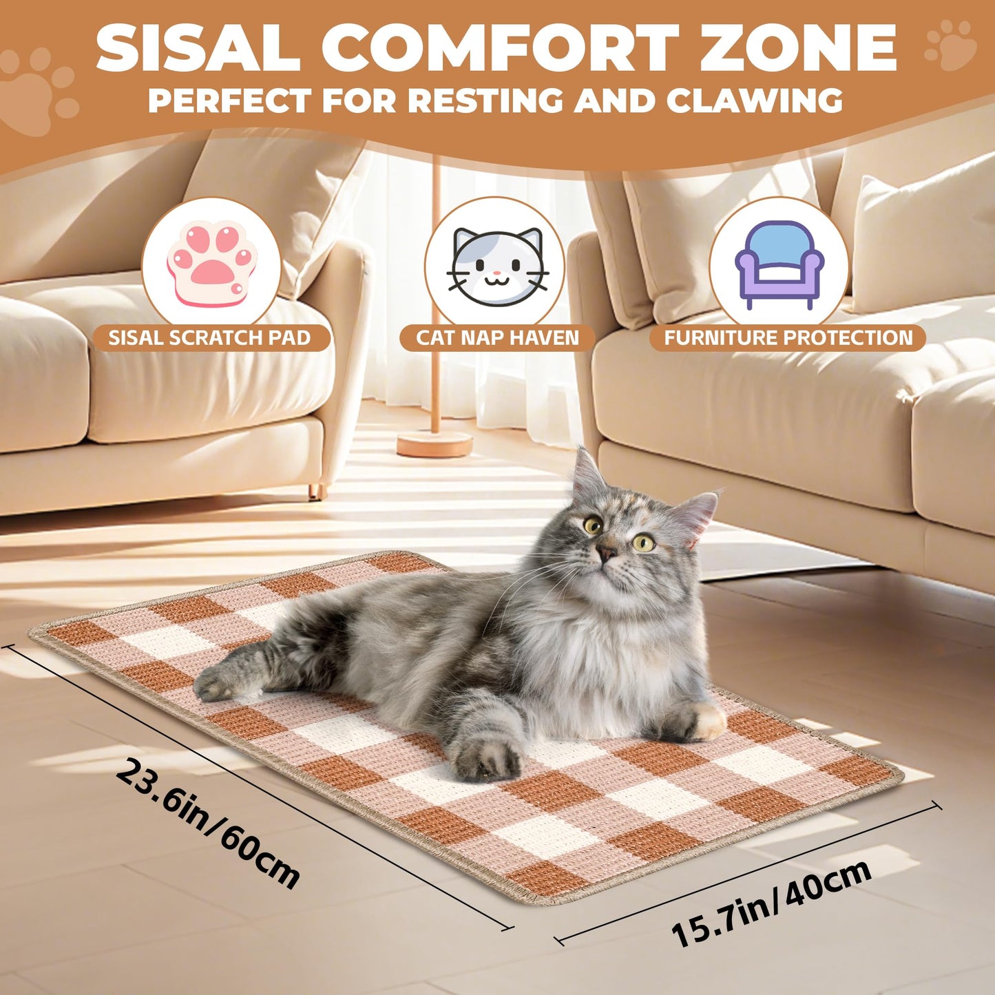 LESISSMER Cat Scratcher Mat, Natural Sisal Cat Scratch Pad, 23.6x15.7 Inch Horizontal Cat Floor Scratching Pads Rug with Hook & Loop to Protect Couch & Carpets & Sofas（Coffee White）