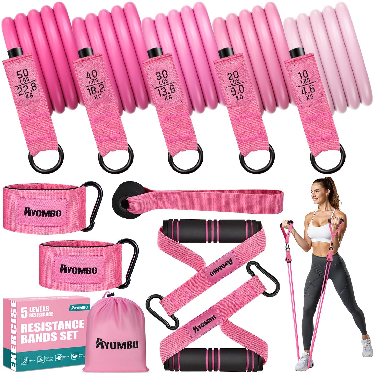 Ayombo Resistance Bands, Exercise Bands with Handles for Working Out, Fitness Bands for Women, Workout Equipment Home Gym, Training Bands with Door Anchor, Ankle Straps, Shape Body, Physical Therapy
