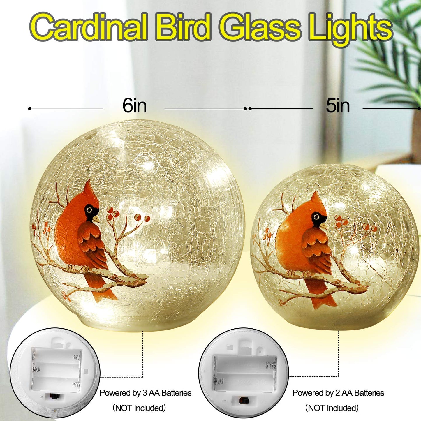 Crackle Glass Cardinal Lamp Battery Operated Globe Lamp for Women Stylish Cardinal Decor Ornaments Red Bird Pattern Stained Glass Mother's Day Gifts 2 Pack (6in & 5 in) (No Timer)