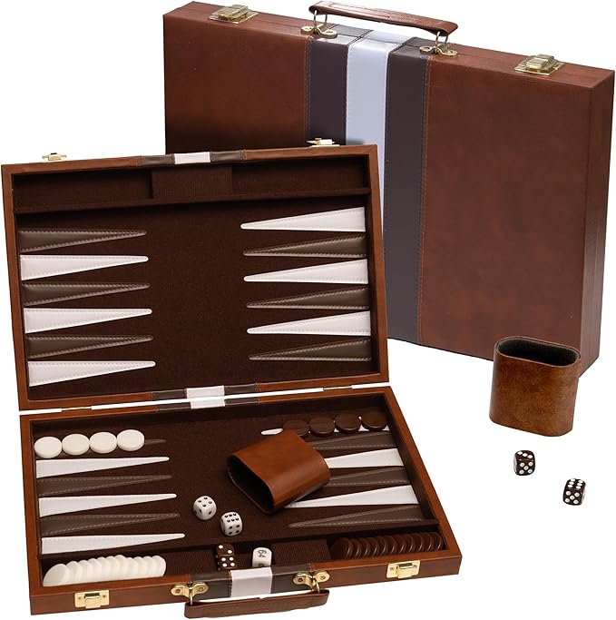 Backgammon Board Game Deluxe Leather Like Case Felt Interior Brown Classic Backgammon Game Popular Board Game Board Games (Large (18))