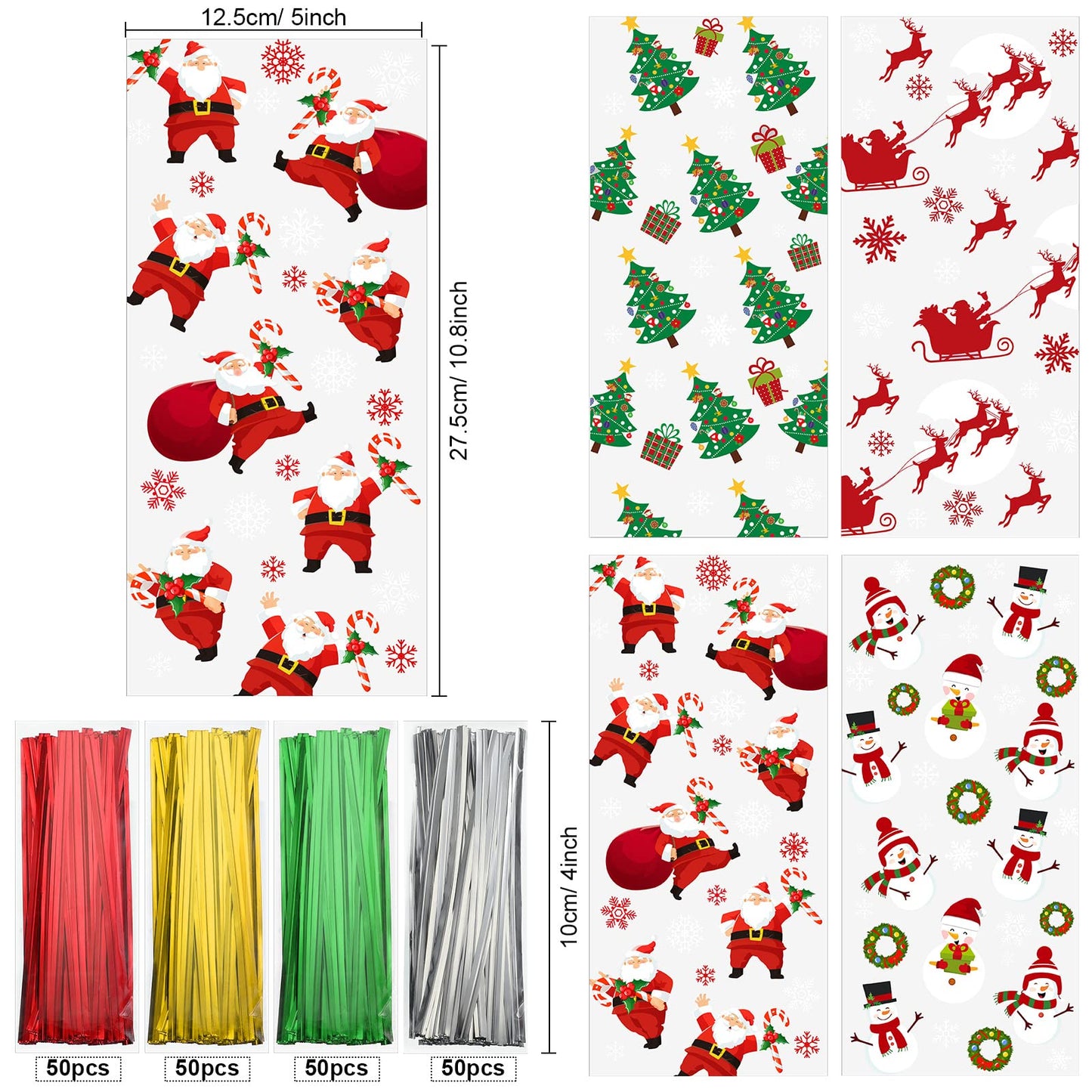 Outus 200 Pieces Christmas Cellophane Treat Bags, Plastic Christmas Cello Bags with Twist Ties for Candy, Cookie, Goodies, Gift Wrap, Xmas Party Favor Supplies (Snowman)