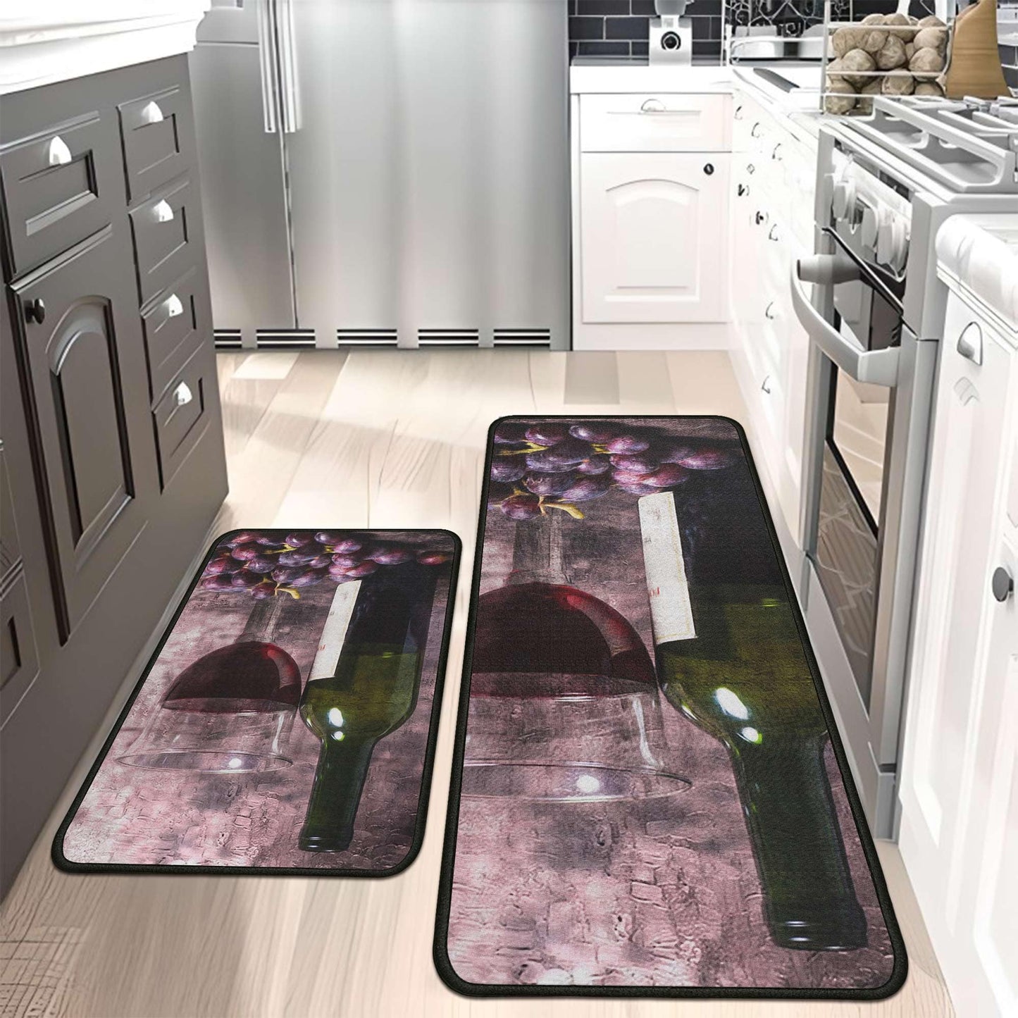 Yovirinto Wine Kitchen Rugs and Mats Sets of 2, Non Skid Washable Absorbent Microfiber Farmhouse Kitchen Mat for Runner Hallway Doormat Bathroom 17"x 47"+17"x 30"