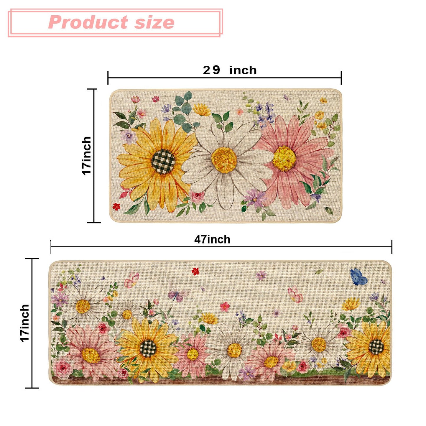 Baccessor Summer Kitchen Mats Set of 2, Sunflower Daisy Floral Kitchen Rugs for Floor Non Slip Low-Profile Seasonal Home Decor 17x29 and 17x47 Inch
