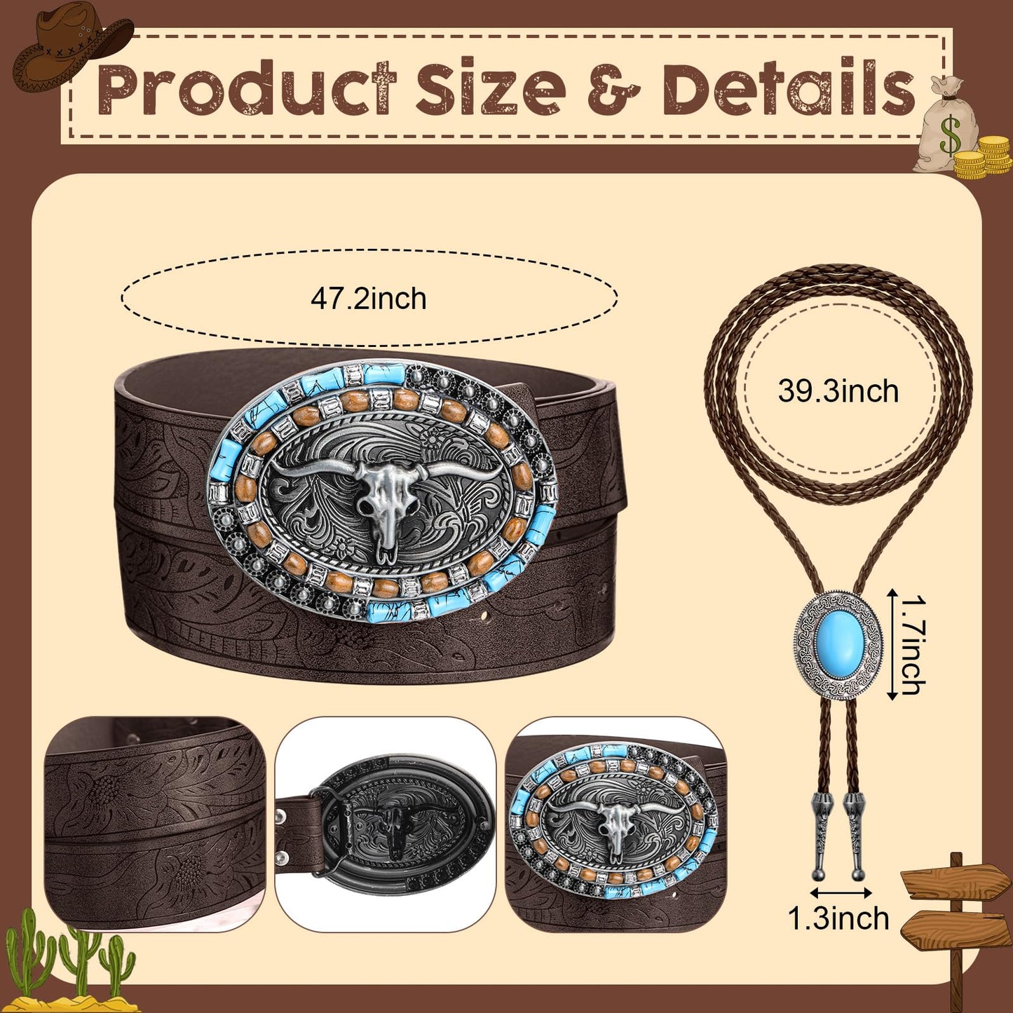 Shyyween 3 Pcs Western Accessories Set for Women Men Wide Brim Cowboy Hat, Cowgirl Leather Necktie Necklace, Western Belts(Brown)