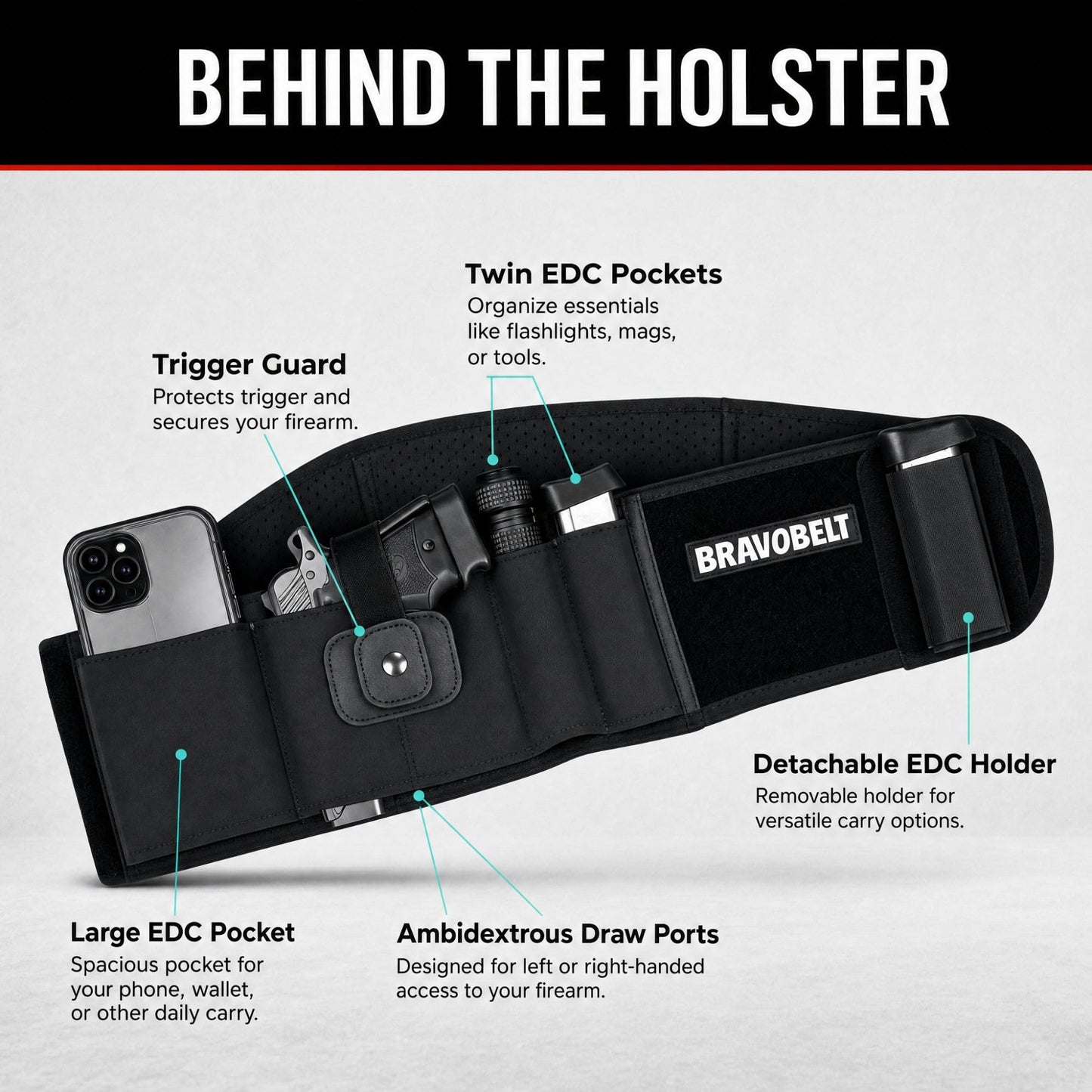 BRAVOBELT Belly Band Holster - Athletic Flex FIT for Running, Jogging, Hiking - G17-43 S&W M&P 40 Shield Bodyguard Kimber (Up to 44" Belly, Black)