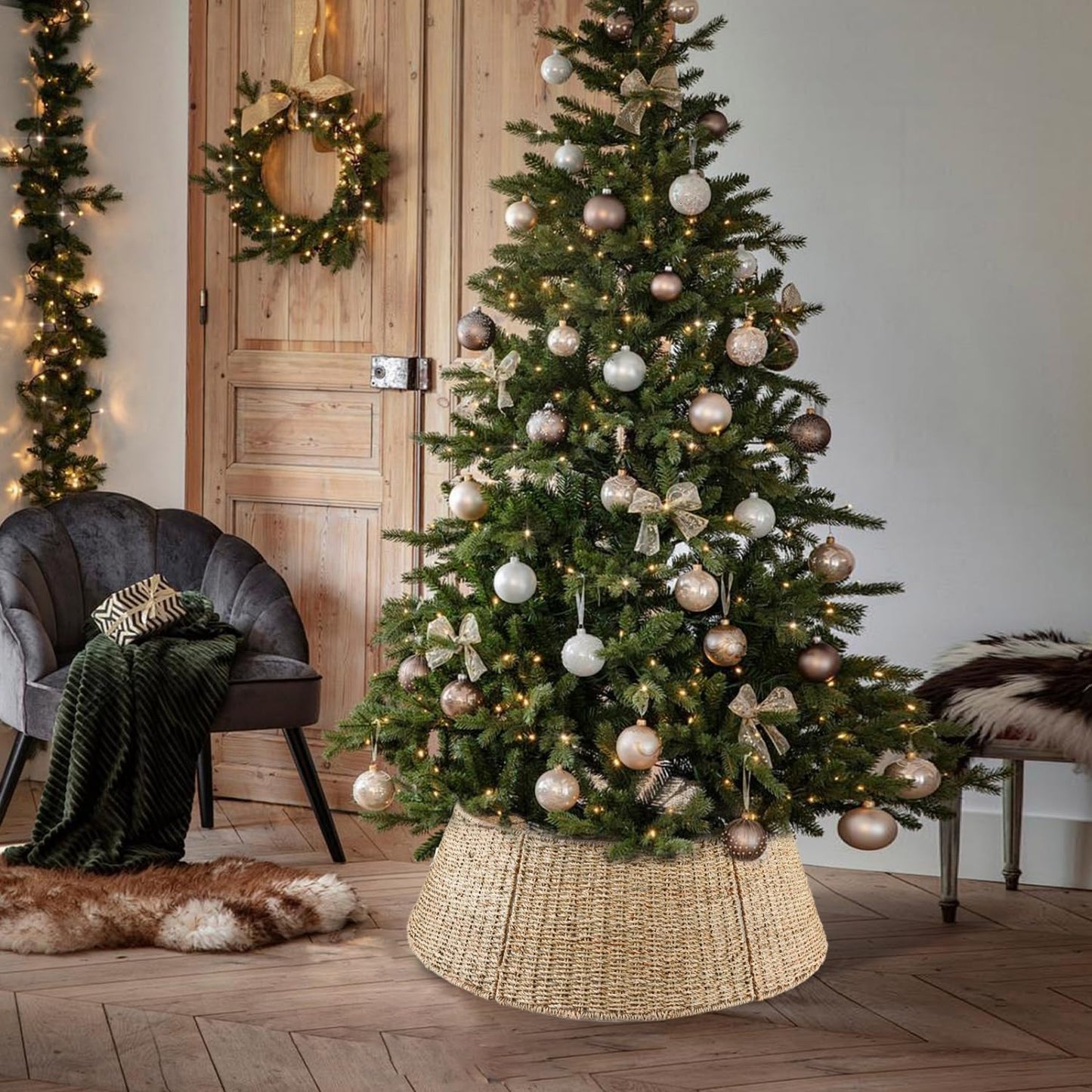 Rocinha 32 in Extra Large Rattan Christmas Tree Collar Basket - Rustic Handcrafted Christmas Tree Stand Cover Woven Tree Skirt Collar Christmas Tree Decoration Farmhouse Indoor Decorations for Home