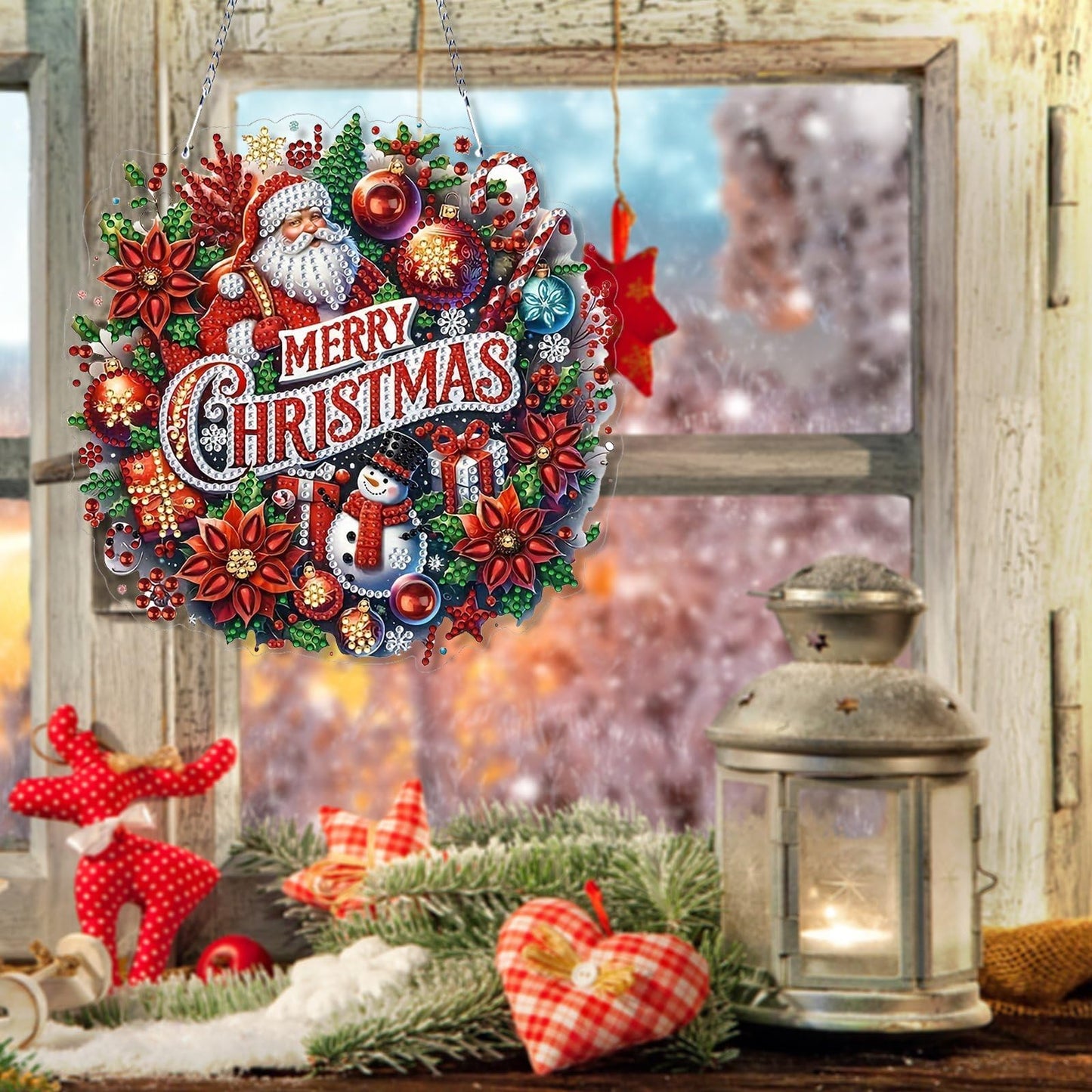 VODAPYC Christmas Santa Diamond Art Hanging Kit for Adults, DIY Double Sided Special Shaped Diamonds Art Window Pendant Ornament for Home Decor(Santa Wreath-2)