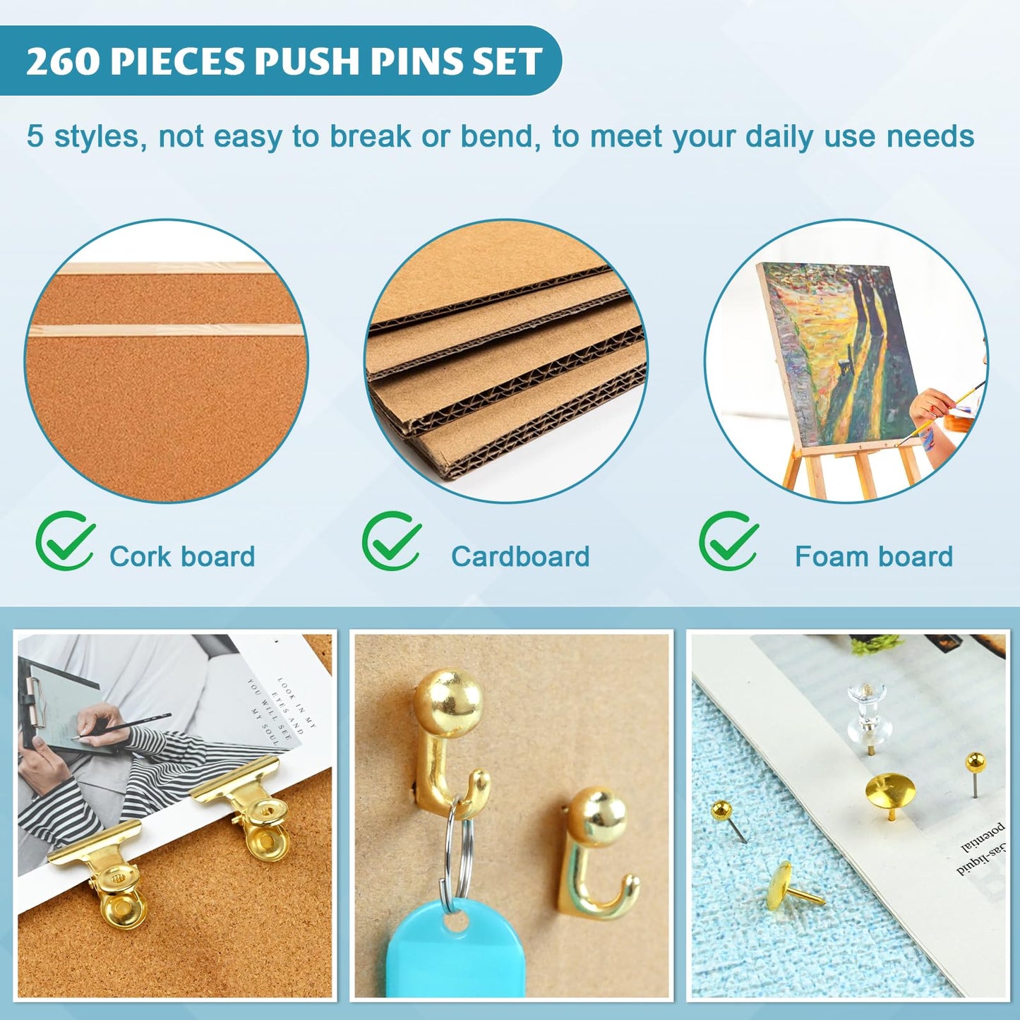 350 Pcs Gold Push Pins Set 5 Styles Decorative Thumb Tacks Assorted Push Pins for Bulletin Board, Cork Board