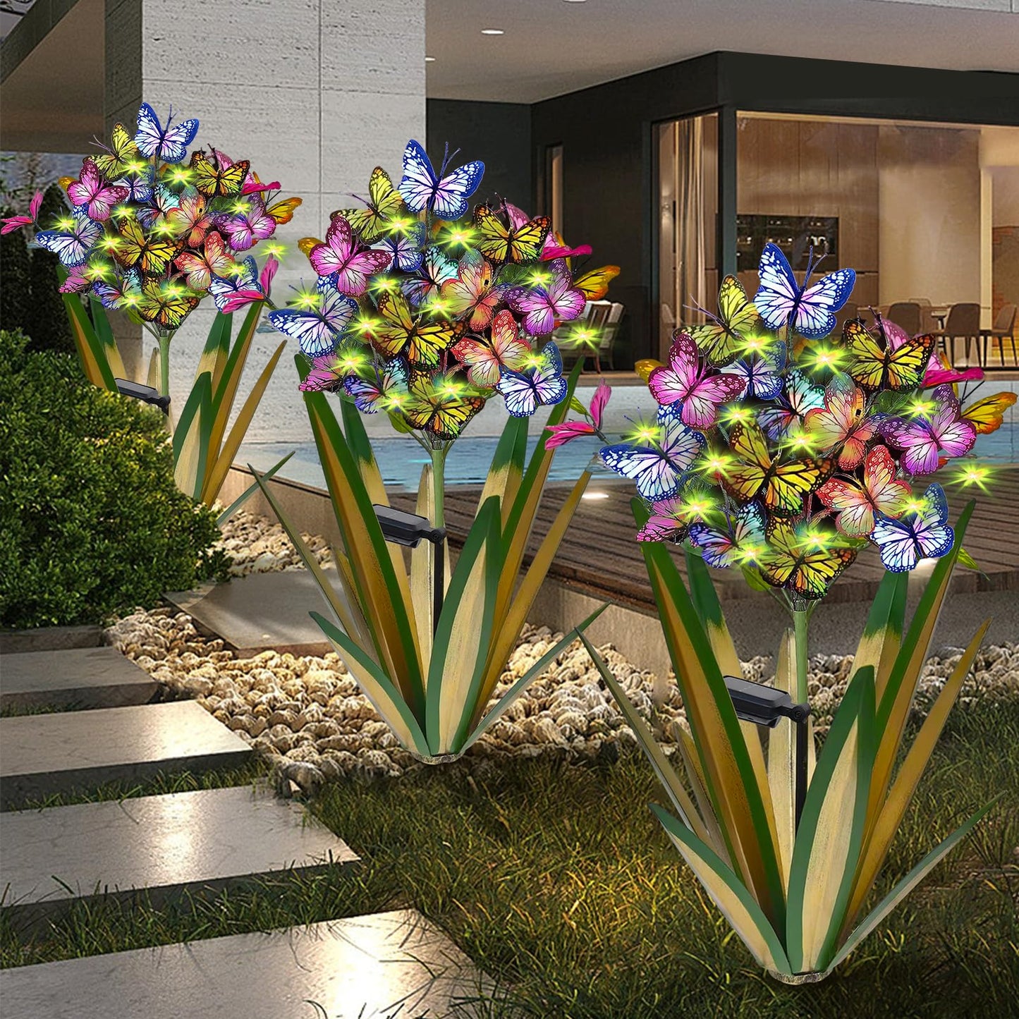 Homight Solar Metal Agave Butterfly Flower Stick Garden Sculpture Outdoor Gift Solar Garden Christmas Lights Swaying Butterfly Sunflower Garden Lights Solar Outdoor Statues (3 PCS Light Green)