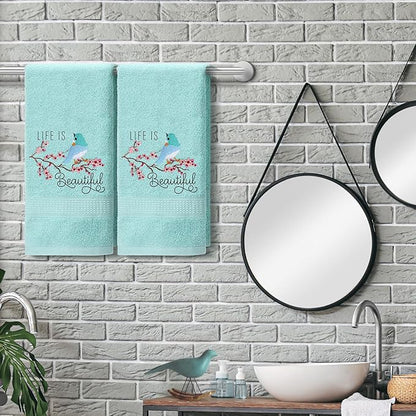 2 Pcs Bird Hand Towels Mint Green Bathroom Decor 14x29 Inch Embroidered 100%