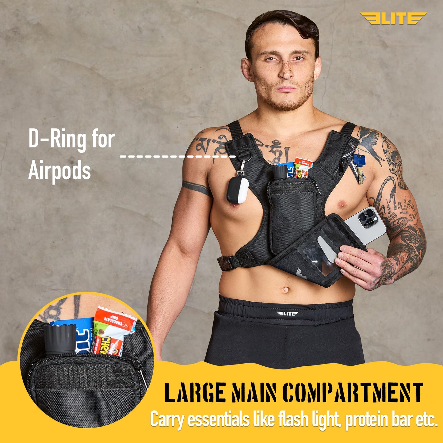 Elite Sports Running Vest w/Phone Holder for Men/Women, Reflective Lightweight Chest Pack w/Touch Friendly Phone Sleeve, Camera Pocket - Chest Rig for Hiking, Trail, Marathon, Camping