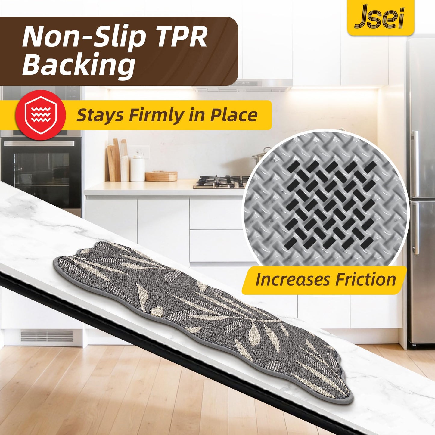 JSEI Scalloped Kitchen Rugs with 3D Leaf Pattern, 2 Pcs Kitchen Mats for Floor, Non-Slip Washable Kitchen Runner, Absorbent Rugs for Kitchen, Laundry & Sink, 17"x30"+17"x48", Grey