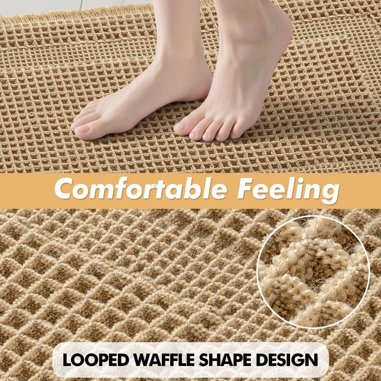 MIULEE Set of 2 Waffle Bathroom Rugs, Boho Bath Rug Super Absorbent, Non Slip Washable Ultra Soft Rubber Backed Shower Bath Mats for Floor, Tub, Shower, Looped Design, Brown, 17"x24"+18"x30"