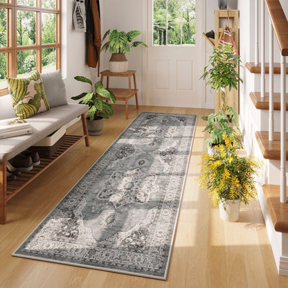 Rugcomf Vintage Medallion Kitchen Rugs Non Slip Washable 2'7"x8' - Low Pile Runner Rug, Boho Carpet for Hallways, Laundry, Bedroom, Bathroom - Grey and White