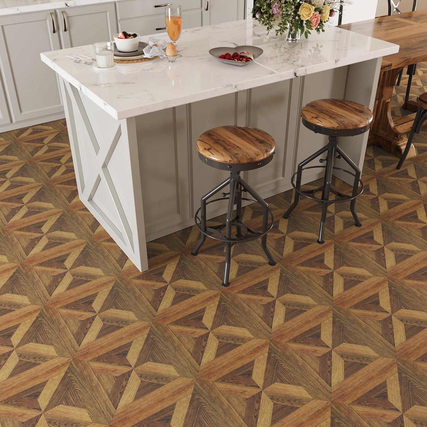 VEELIKE Peel and Stick Vinyl Flooring Roll Waterproof Self Adhesive Wood Grain Parquet Peel and Stick Floor Tile 12''x59'' Vinyl Sheet Linoleum Flooring Roll for Kitchen Bathroom Bedroom Living Room