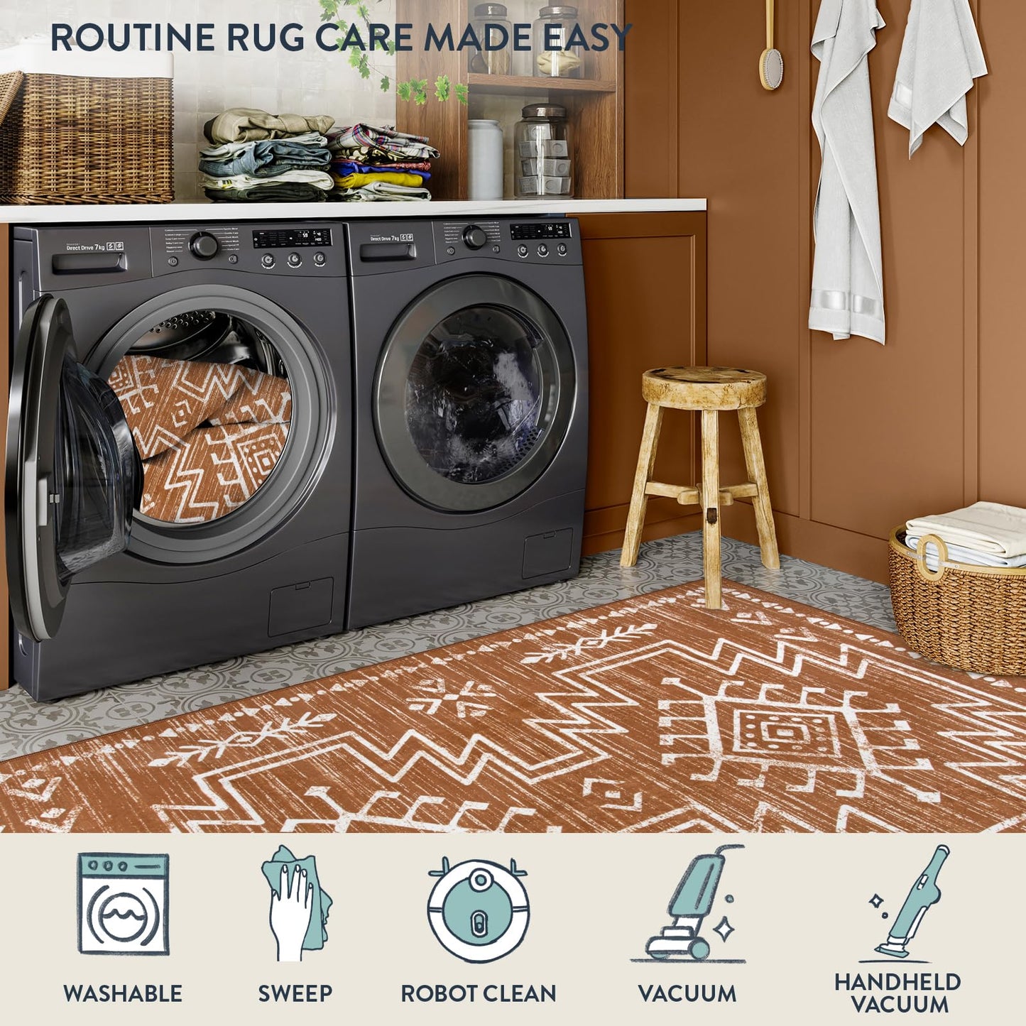 Lahome Vivienne 5x7 Boho Rugs for Living Room, Washable Bedroom Western Area Rug, Low Pile Soft Burnt Orange Carpet, Stain Resistant Distressed Fall Rug Aztec Carpets for Dining Room