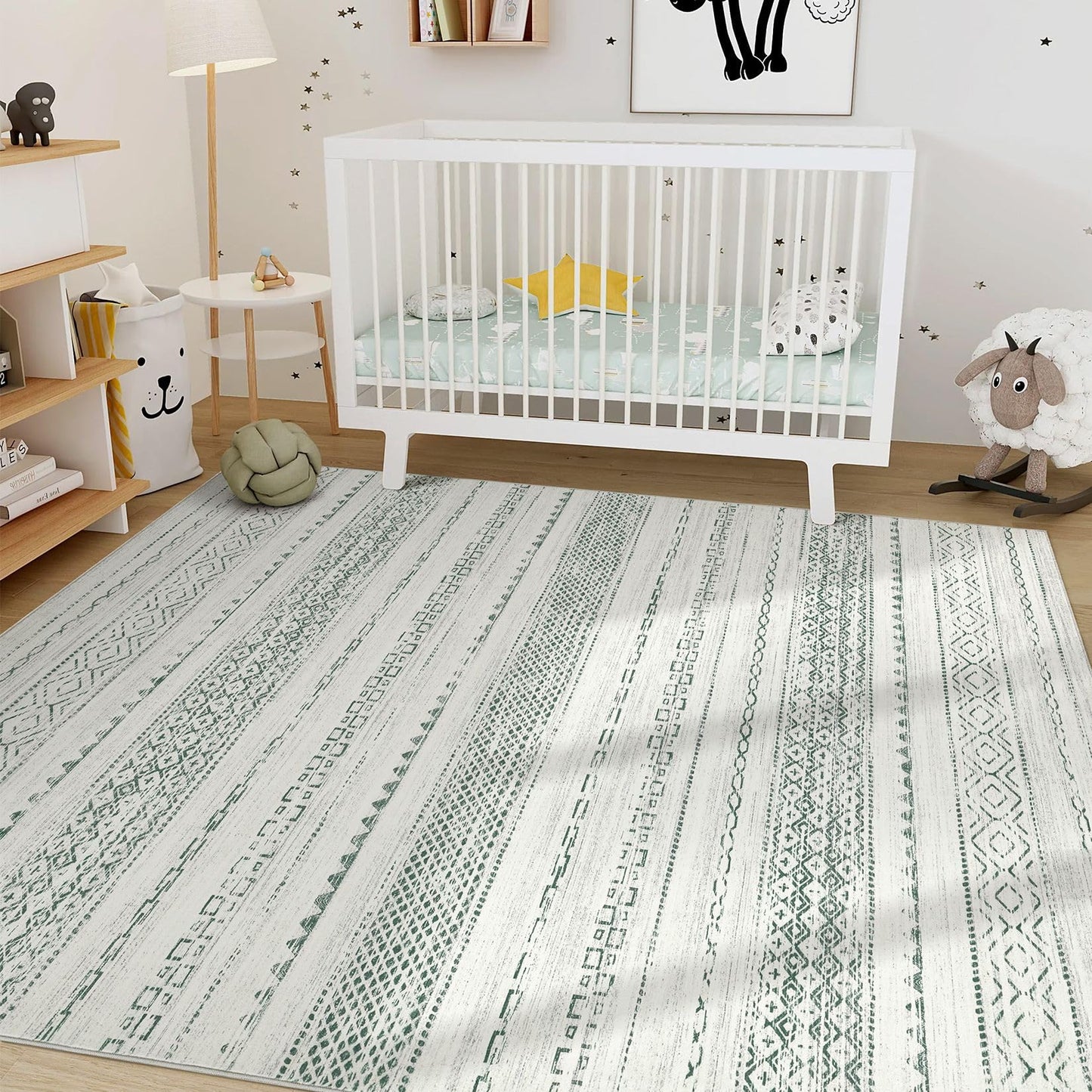 Nakagishi Green Rug Living Room 5x7: Washable Boho Large Neutral Farmhouse Soft Area Rugs Modern Stain Resistant Moroccan Indoor Non Slip Floor Carpet for Bedroom Nursery Kids Playroom Office