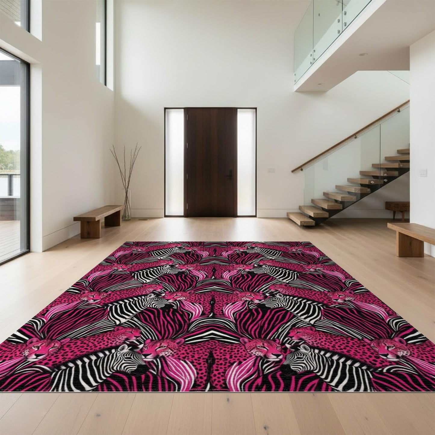 Design&I 5'x7' Washable Area Rug Pink Cheetah Leopard Print Shape Themed Contemporary Zebra Geometric Flatweave & Snag-Free Daily Traffic Ready for Guest Room, Lounge, Apartment