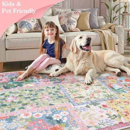 LIVEBOX Pink Washable Rugs 8x10 for Living Room, Soft Pink Rug for Bedroom,Non Slip Ultra Thin Rug Botanical Bedroom Rugs 8x10 Under Bed, Floor Carpet for Dining Room Home Office