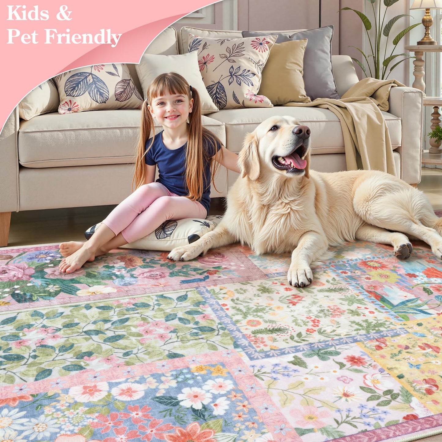LIVEBOX 5 x 7 Pink Rugs for Bedroom Girls, Soft Patchwork Pink Rug for Living Room, Non-Slip Nursery Rug Girl, Washable Rugs 5x7 Carpet for Playroom