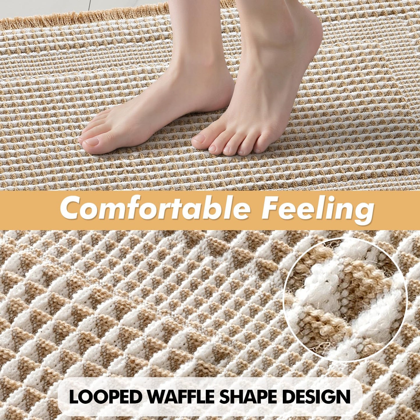 MIULEE Set of 2 Waffle Bathroom Rugs, Boho Bath Rug Super Absorbent, Non Slip Washable Ultra Soft Rubber Backed Beige Bath Mats for Floor, Tub, Shower, Looped Design, Brown & Cream, 17"x24"+18"x30"