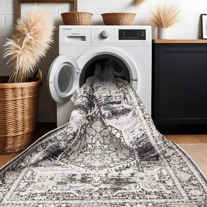 Washable Rugs 10x14 Area Rug: Large Rugs for Living Room - Oriential Distressed Printed Floral Carpet - Non Slip with Rubber Backing Area Rug 10'x14' Black