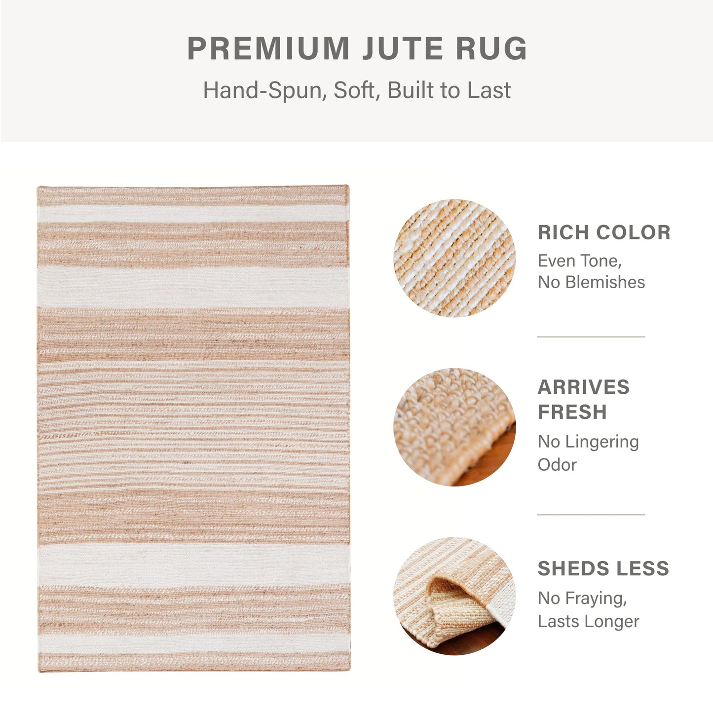 Homespice Reva Handwoven Jute Rug 4x6' - Dense & Thick Premium Handmade Natural Fibre Rugs for Bedroom and Office, Lays Flat, Won't Fray or Shed, Natural Brown with White Stripes
