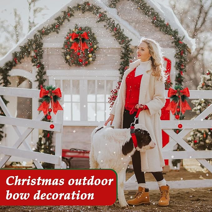 Xinnun 4 Pieces Christmas Buffalo Plaid Bows with Pine Cones Pine Needles Xmas Plaid Bow Ornament Christmas Tree Wreath Decoration for Holiday Parties DIY Crafts Home Decor (Red)