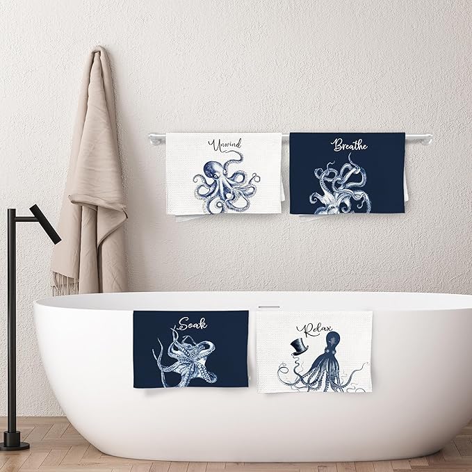 Navy Blue Octopus Coastal Beach Hand Towels, Ocean Octopus Unwind Breathe Relax