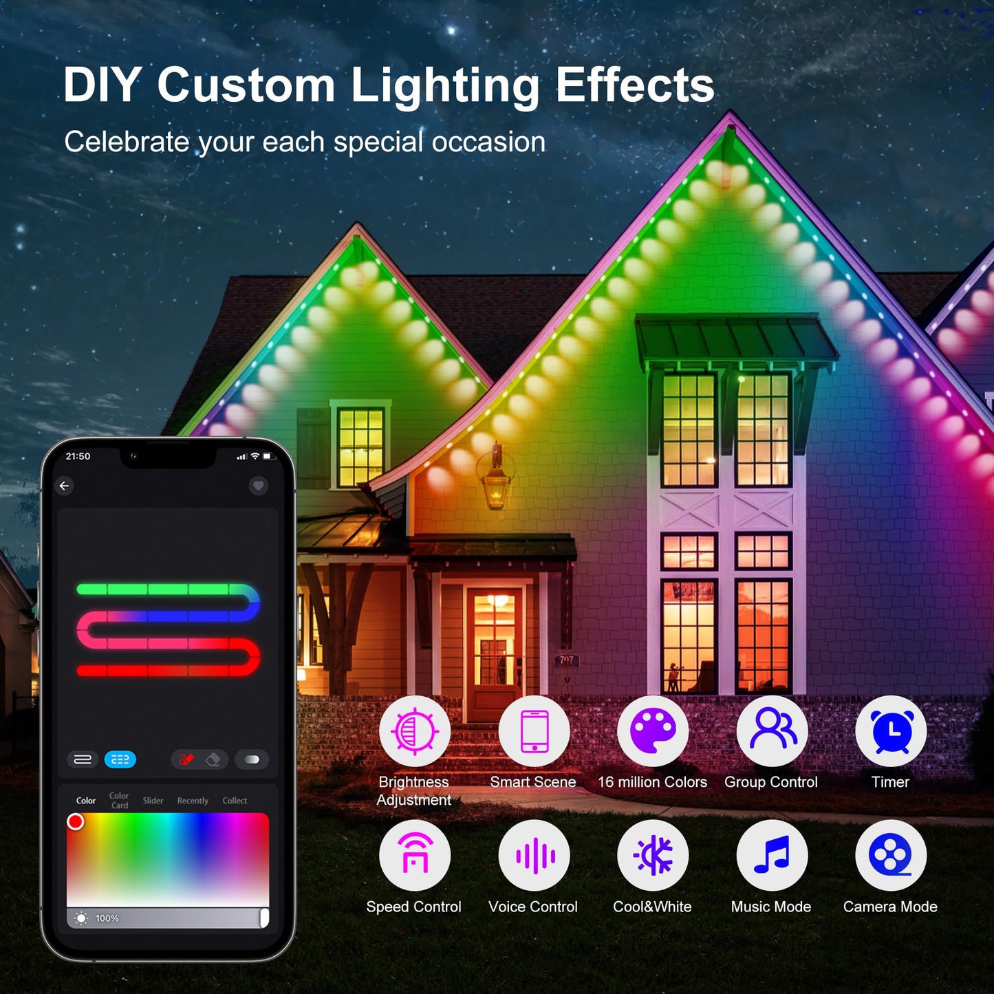 Umidkin Permanent Outdoor Lights, 100ft RGB Outdoor Christmas Lights with 72 LED Lights, IP67 Waterproof LED Eaves Lights with DIY Scene Modes for Halloween Decor, Smart APP & Remote Control