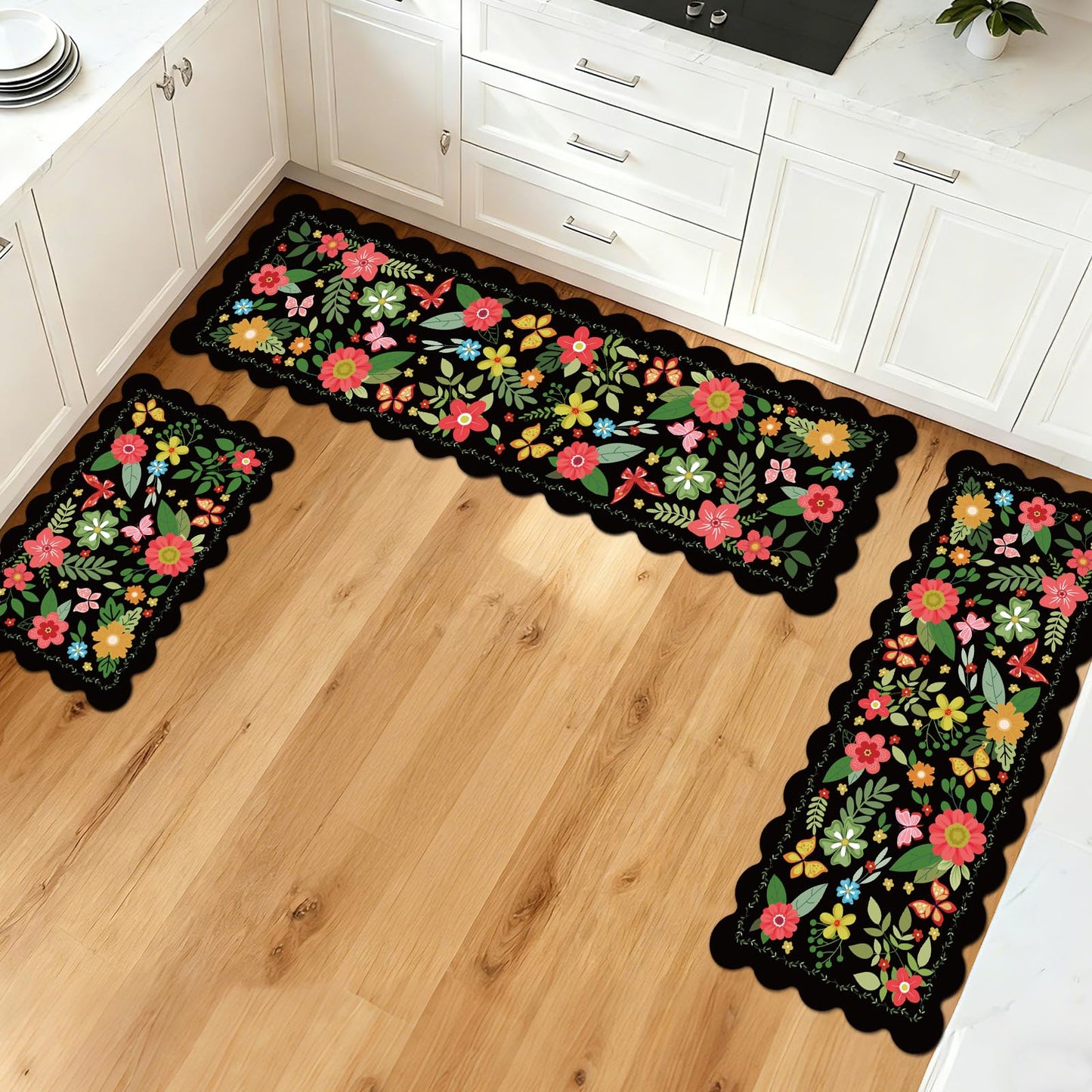 Black Kitchen Mats for Floor 3 Piece Set, Floral Scalloped Kitchen Rugs and Mats Set, Soft Cushioned No-Slip Resistant Kitchen Mats for Floor, Washable Runner Rug for Kitchen Sink, Laundry, Office